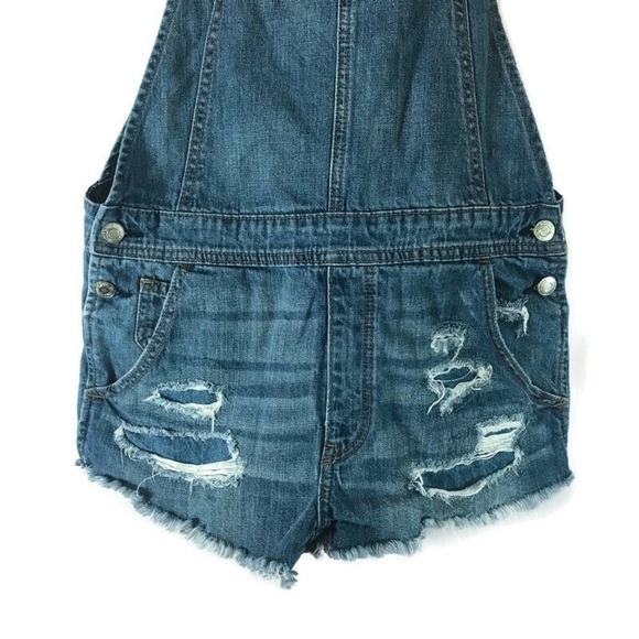 American Eagle Distressed Denim Overalls Shorts Shortalls XS EUC - Picture 7 of 11